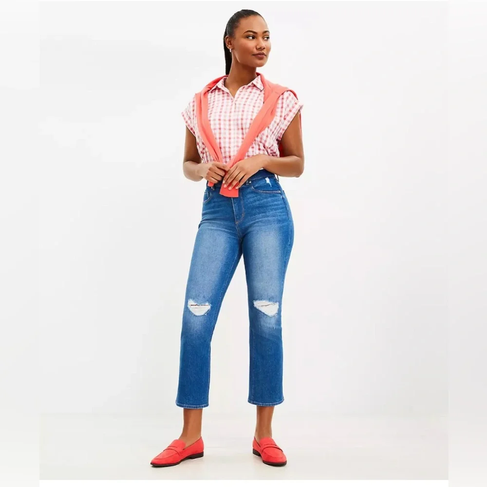 Destructed High Rise Kick Crop Jeans in Mid Wash Size 8